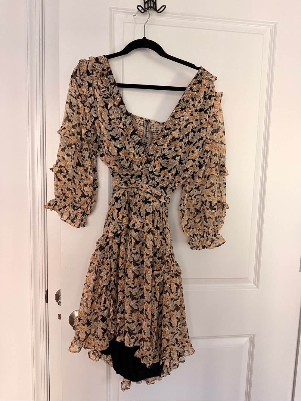 Anthropologie Beige and Black Floral High-Low Ruffle Dress